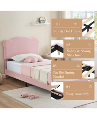 Bed Frame for Kids, Upholstered Platform Bed with Cute Boucle Velvet Headboard for Girls, No Box Spring Needed, Easy Assembly