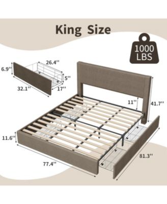 Bed Frame with 4 Storage Drawers, Platform Bed Frame with Upholstered Channel Tufted Wingback Headboard, Strong Wooden Slats Support