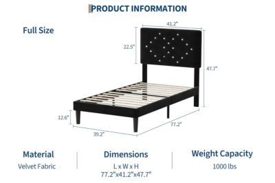 Bed Frames, Velvet Upholstered Bed Frame with Vertical Channel Tufted & Sturdy Wood Slats, Strong Wooden Slats/Platform Bed Frame Easy Assembly - Full