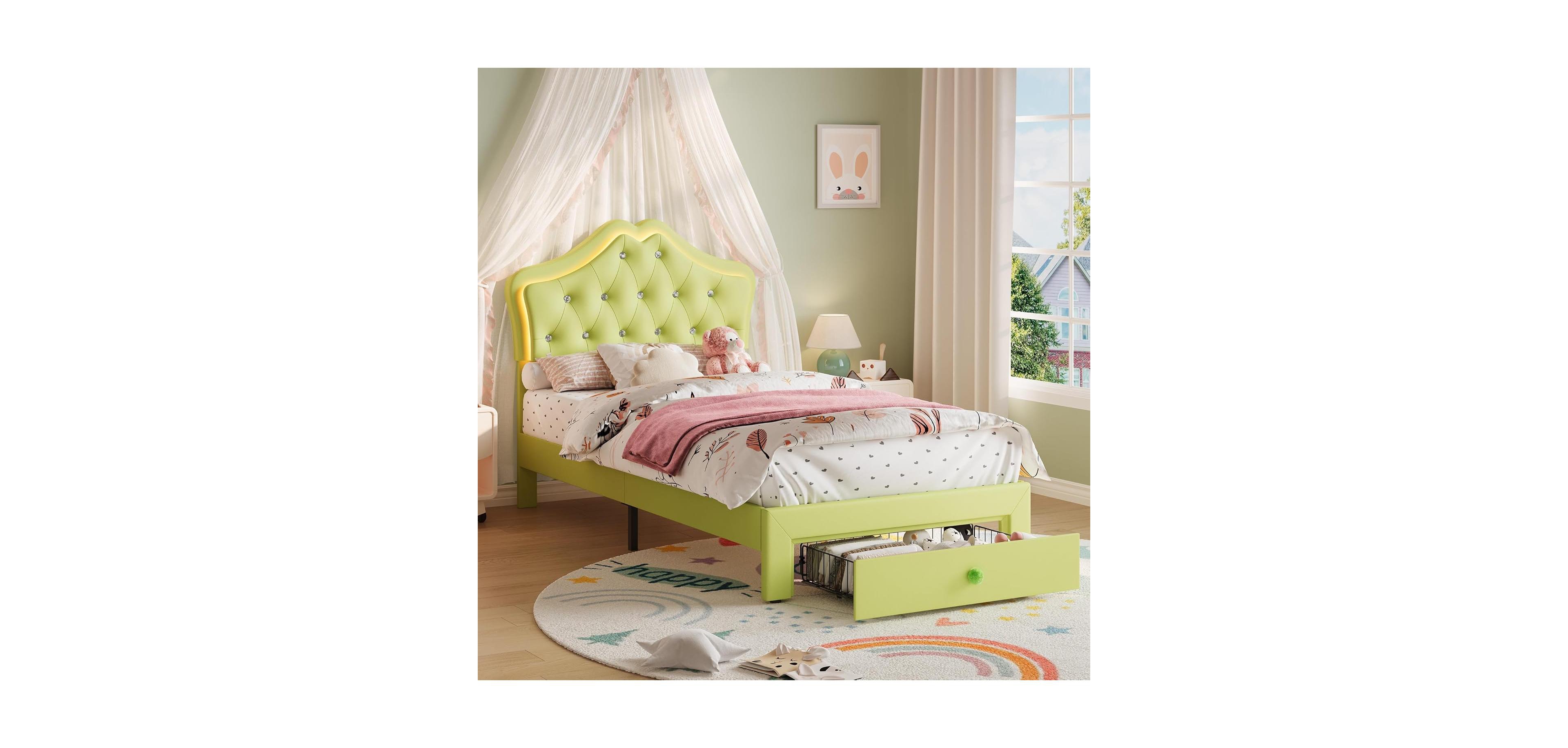 gaomon Twin Velvet Upholstered Platform Bed with Led Lights, Crystal Button Headboard, Storage Drawer, Noise-Free, No Box Spring Needed