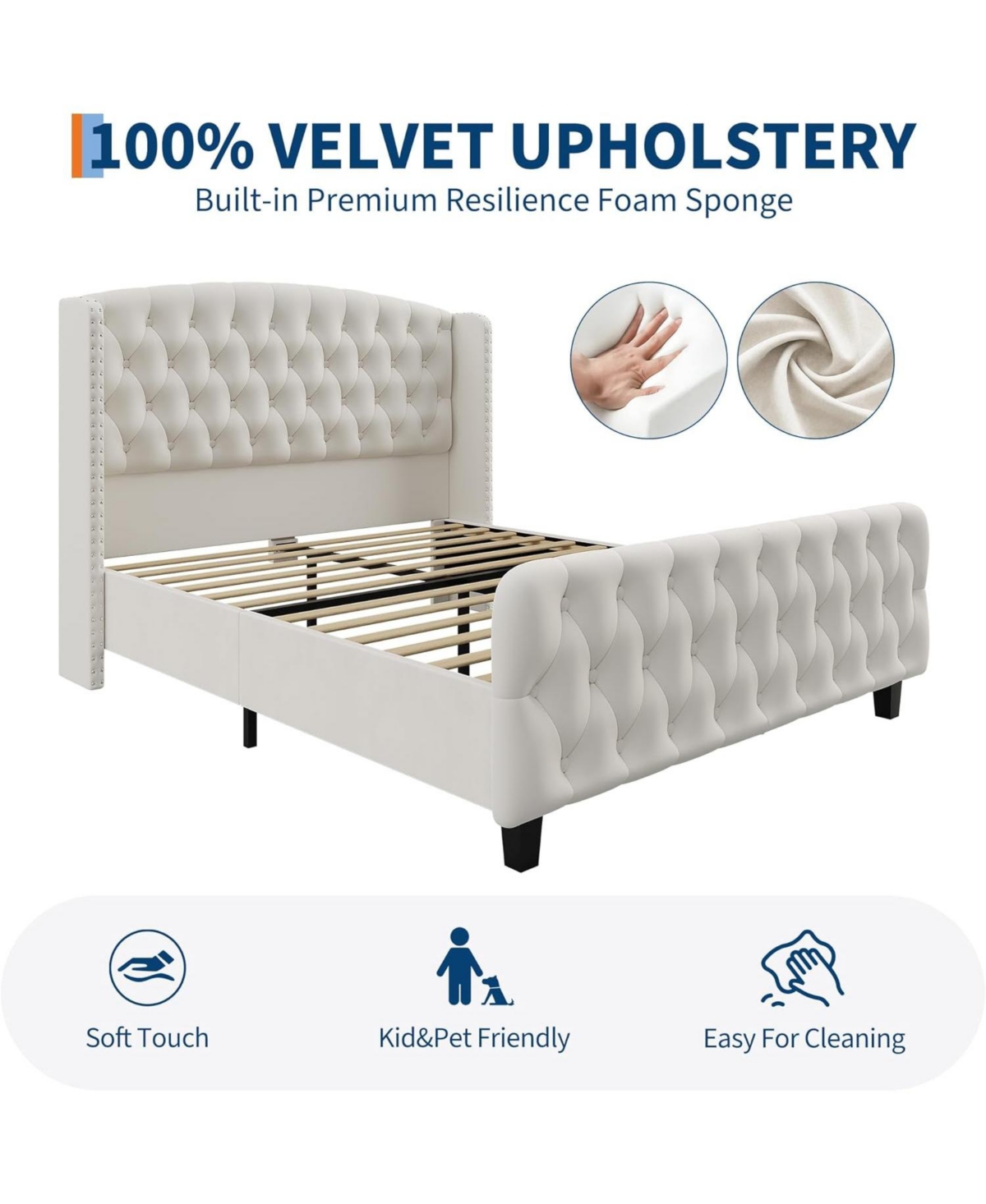 gaomon 51" Tall Size Velvet Upholstered Bed Frame with Deep Button Tufted Wingback Headboard & Footboard, Elegant Platform Bed