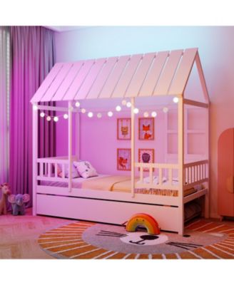 Twin Size House Bed w/ Trundle Roof Window & Safety Guardrails Slats Support