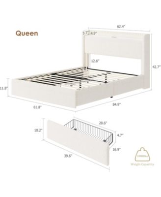 Queen Size Boucle Bed Frame with Storage Headboard, Charging Station, LED Lights, 4 Drawers, No Box Spring Needed.