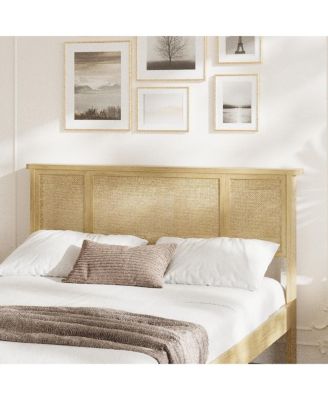 Queen Size Bed Frame with Natural Rattan Headboard, Sturdy Wooden Slats, Boho Cane, No Box Spring Needed