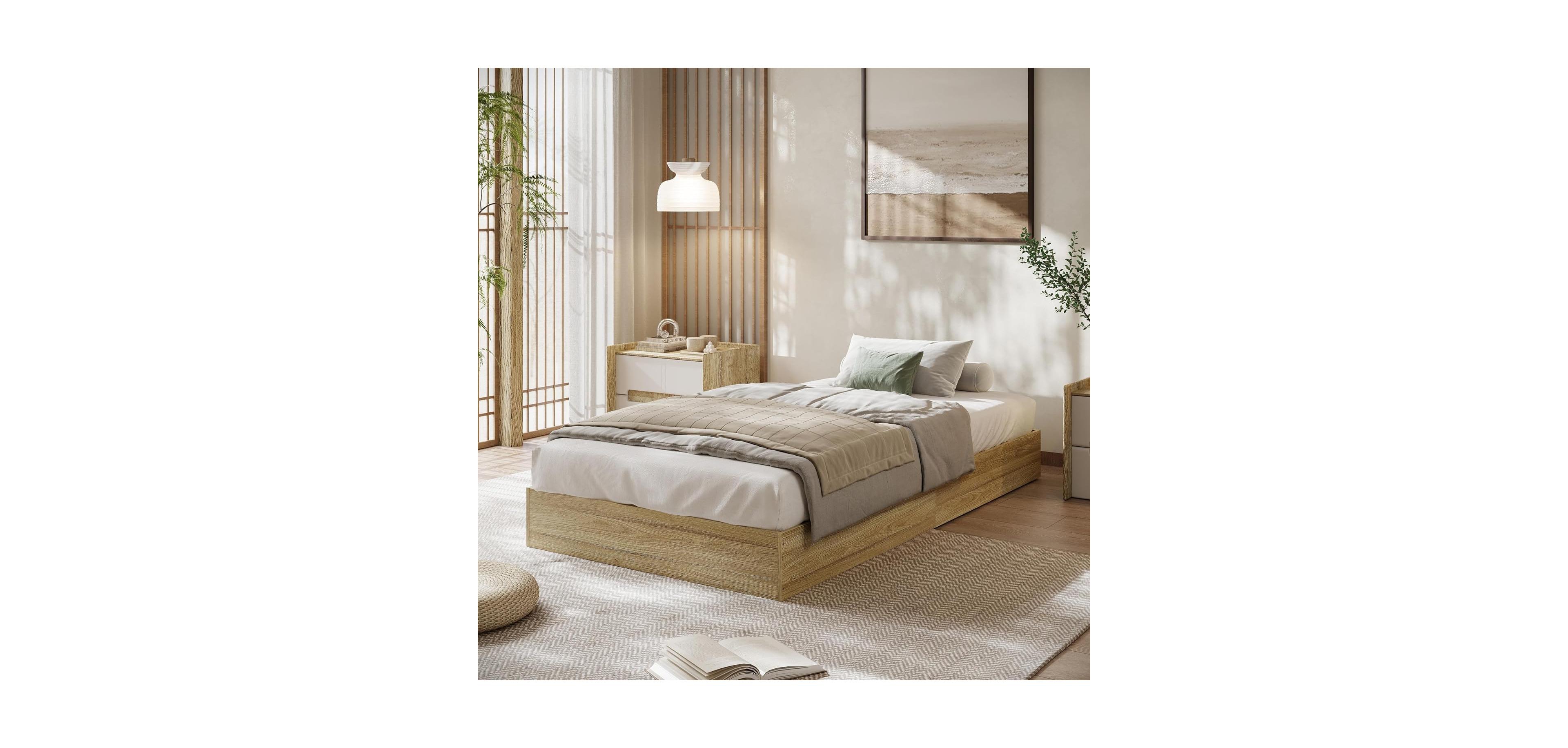 gaomon Twin Size Solid Wood Platform Bed with Wooden Slats, Minimalist Floor-Standing Design, Easy Assembly, No Box Spring