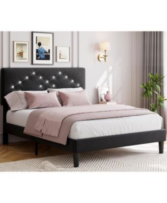 Queen Size Upholstered Platform Bed with Button Tufted Headboard, Under Bed Storage, Sturdy Wood Slats, Black
