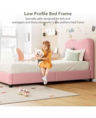 Twin Size Pink Velvet Upholstered Kids Bed Frame with Headboard, Low Profile, Cozy, Sturdy Wood Slats, Easy Assembly