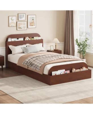 Twin Size Kids Bed Frame with Storage Headboard & Footboard, Low Profile Wood Platform, Strong Slats, Walnut