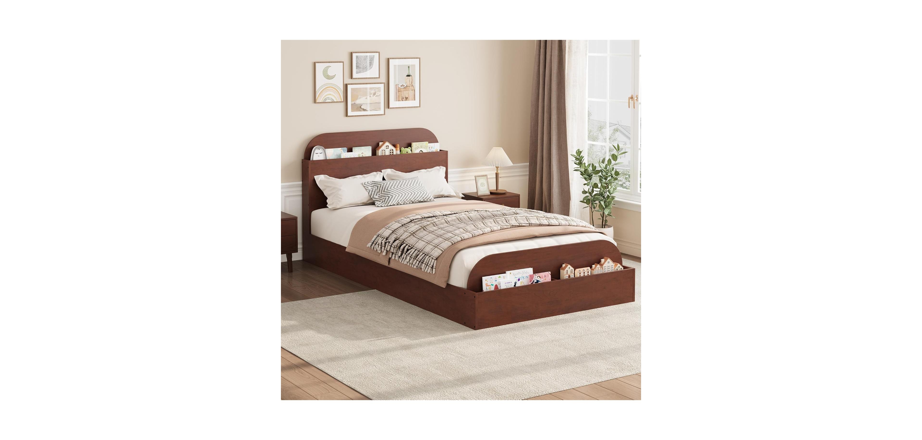 gaomon Twin Size Kids Bed Frame with Storage Headboard & Footboard, Low Profile Wood Platform, Strong Slats, Walnut