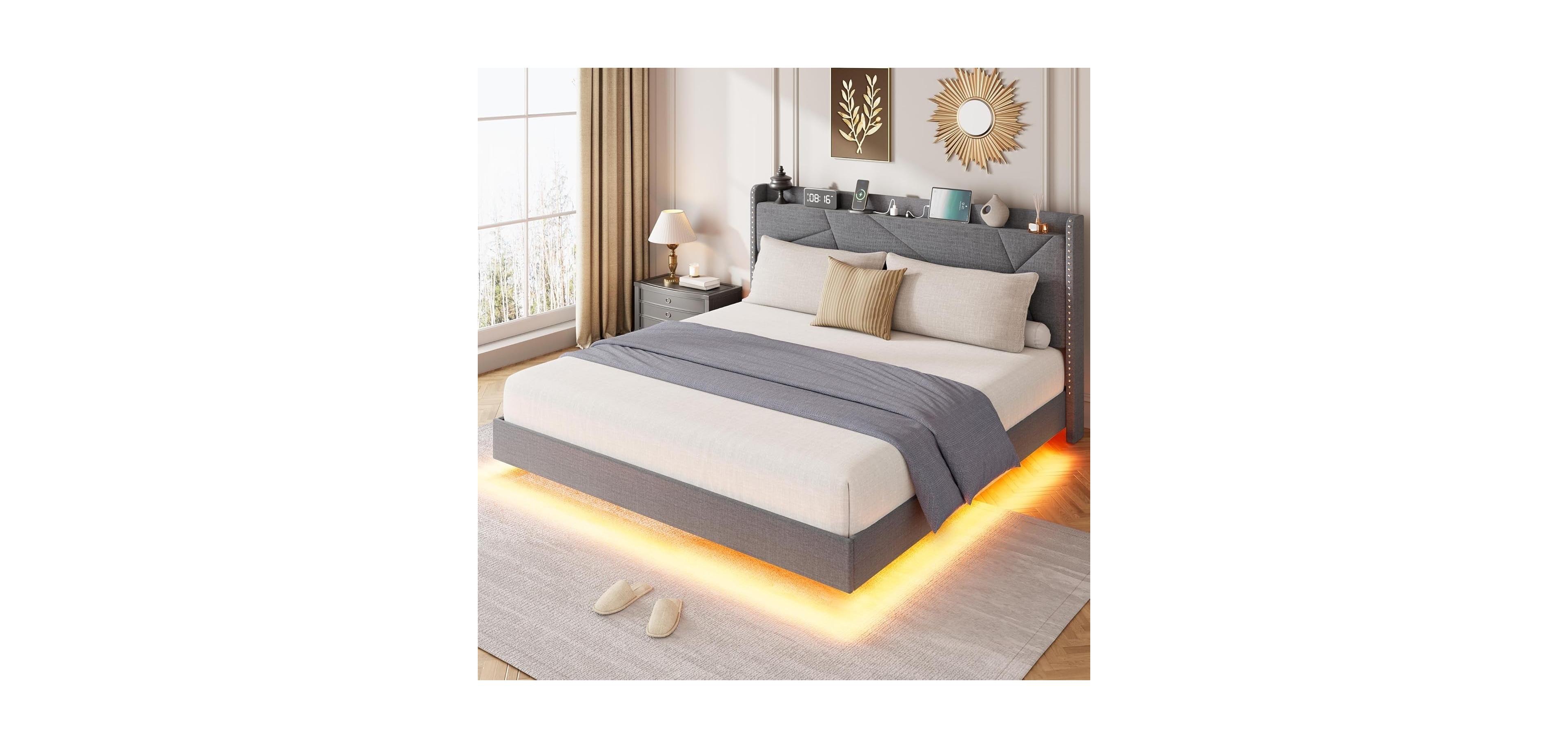 gaomon Full Floating Bed Frame w/ Rgb Led, Charging Station, Upholstered Platform & Storage Headboard, Grey