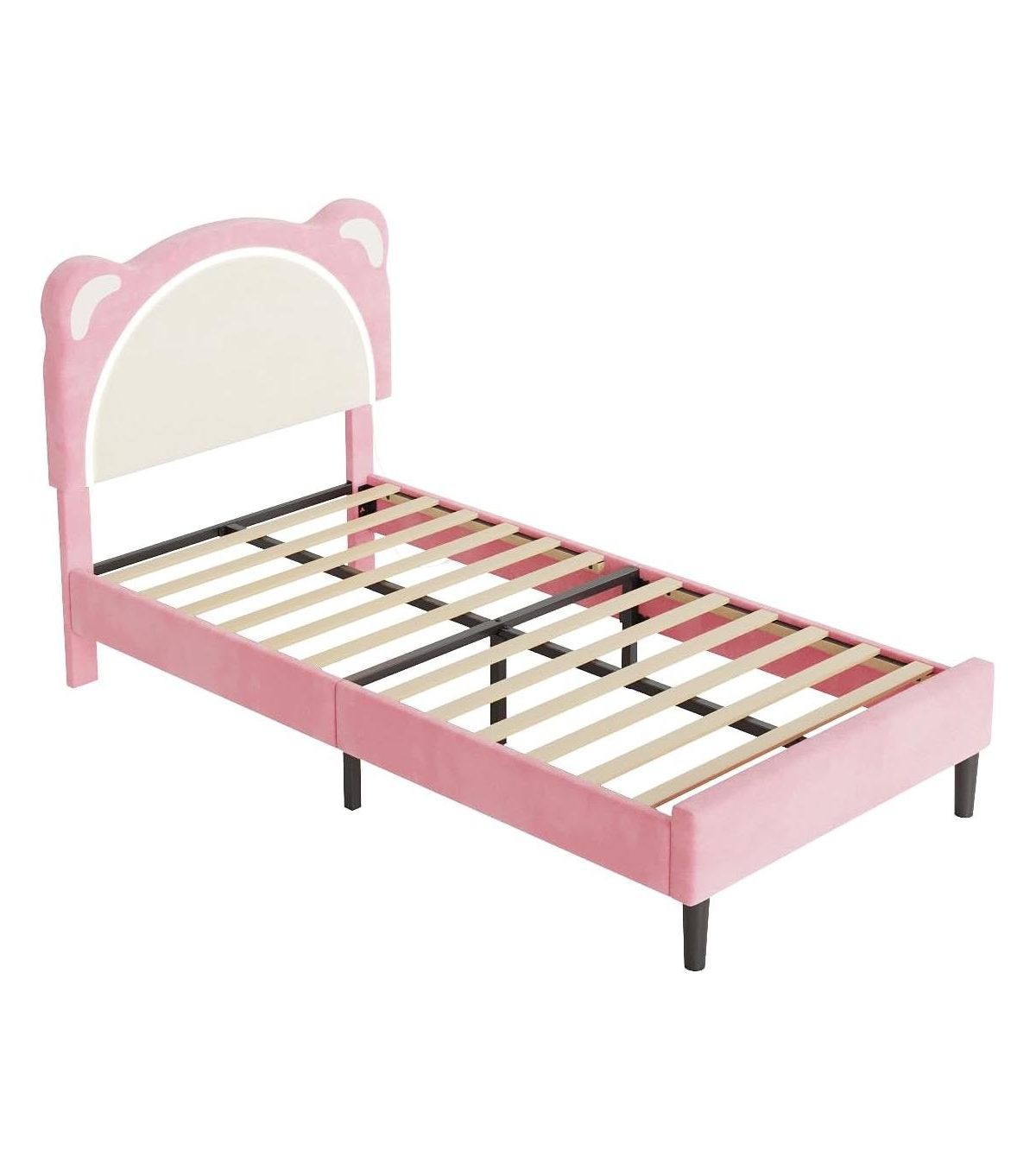 Gaomon Twin Xl Kids Upholstered Platform Bed Frame with Adjustable Headboard, Led Light, Wood Slats, No Box Spring, Pink