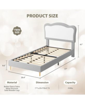 Twin Size Kids Upholstered Bed Frame with Scallop Velvet Headboard, Sturdy Slats, Noise-Free, Grey & White