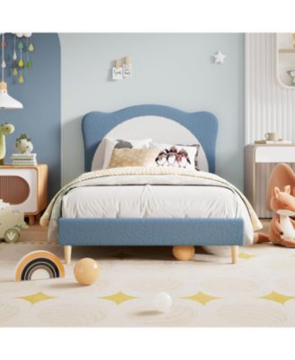 Twin Size Kids Upholstered Bed Frame with Adjustable Scallop Velvet Headboard, Princess Platform, Blue & White