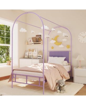 Twin Size Canopy Bed Frame with Upholstered Headboard, Underbed Storage, Decorative Arched Metal, Purple