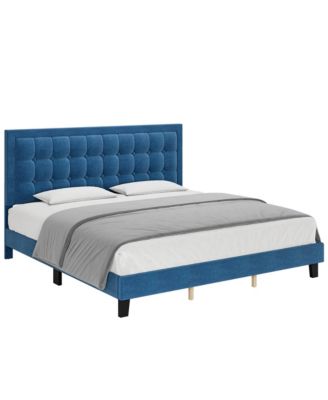 King Size Square Platform Bed Frame Blue Metal Design Wood Slat Support No Box Spring