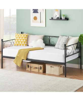 Twin Daybed with Trundle Metal Bed Floral Headboard Steel Slats Pull-Out Sofa White