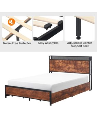 Full Bed Frame with Storage Headboard 4 Drawers LED Lights Charging Station Strong Slats No Box Spring