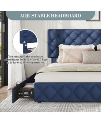 King Size Platform Bed Frame Adjustable Headboard 4 Drawers Modern Grey Upholstered with Footboard Wood Slats