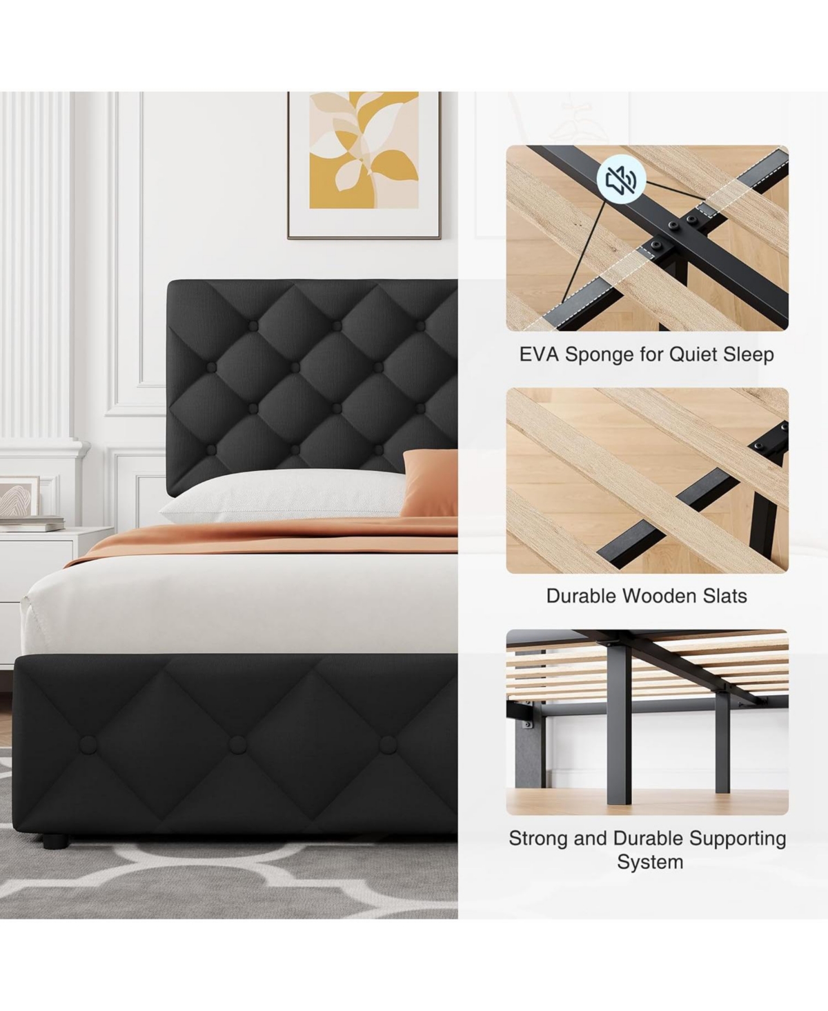 gaomon King Size Platform Bed Frame Adjustable Headboard 4 Drawers Modern Grey Upholstered with Footboard Wood Slats