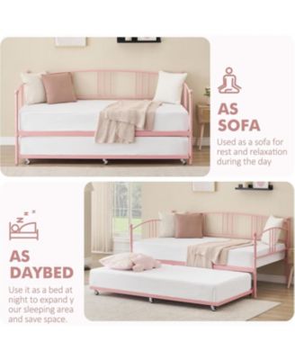 Twin Size Metal Daybed with Pull-Out Trundle, 6 Casters and Steel Slat Support, No Box Spring Needed