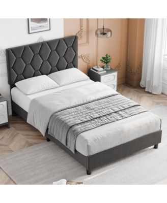 Queen Bed Frame Grey Upholstered Headboard Heavy Duty Platform Strong Wood Slats No Box Spring Noise Free