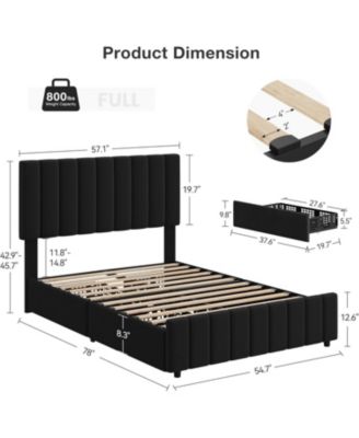 Full Linen Upholstered Platform Bed Frame 4 Storage Drawers Adjustable Headboard Wooden Slats Black
