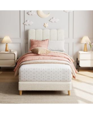 Twin XL Bed Frame Boucle Upholstered Wave Headboard Low Profile Kids Girls Boys Wooden Slats No Box Spring Beige