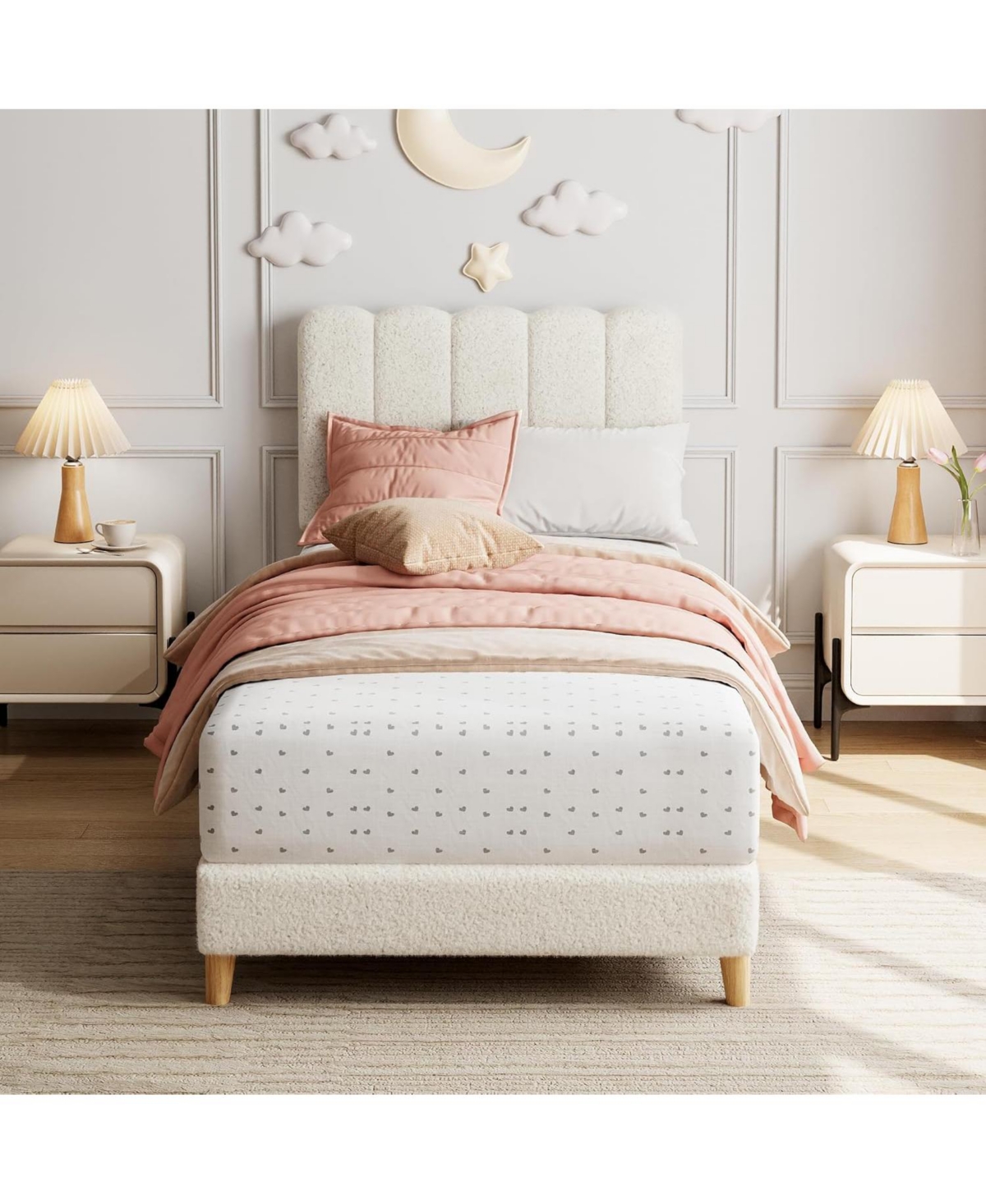 gaomon Twin Xl Bed Frame Boucle Upholstered Wave Headboard Low Profile Kids Girls Boys Wooden Slats No Box Spring Beige