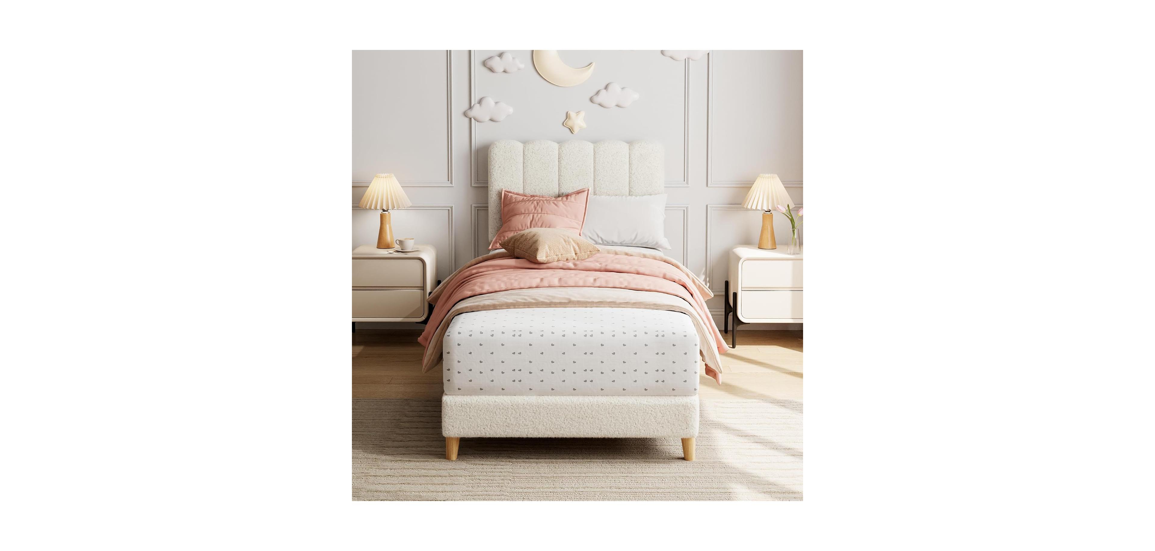 gaomon Twin Xl Bed Frame Boucle Upholstered Wave Headboard Low Profile Kids Girls Boys Wooden Slats No Box Spring Beige
