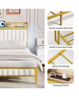 King Bed Frame with Storage Headboard LED Platform Bed Charging Station Easy Assembly White