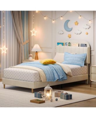 Velvet Upholstered Twin Bed Frame with Storage Headboard, Wooden Slats, Noise Free – Platform Bed for Kids Girls