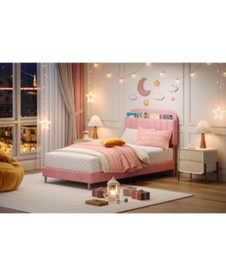 Twin Bed Frame with Storage Headboard Velvet Upholstered Platform for Girls Wooden Slats Noise Free Easy Assembly