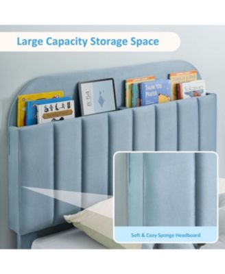 Twin Bed Frame with Storage Headboard Velvet Upholstered Platform for Boys Wooden Slats Noise Free Easy Assembly No Box Spring
