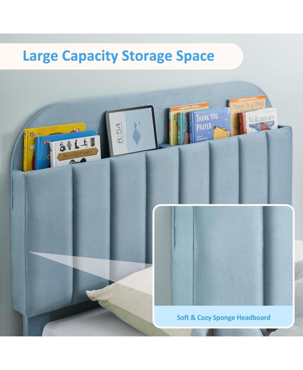 gaomon Twin Bed Frame with Storage Headboard Velvet Upholstered Platform for Boys Wooden Slats Noise Free Easy Assembly No Box Spring