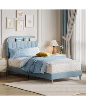 Twin Bed Frame with Storage Headboard Velvet Upholstered Platform for Girls Wooden Slats Noise Free Easy Assembly
