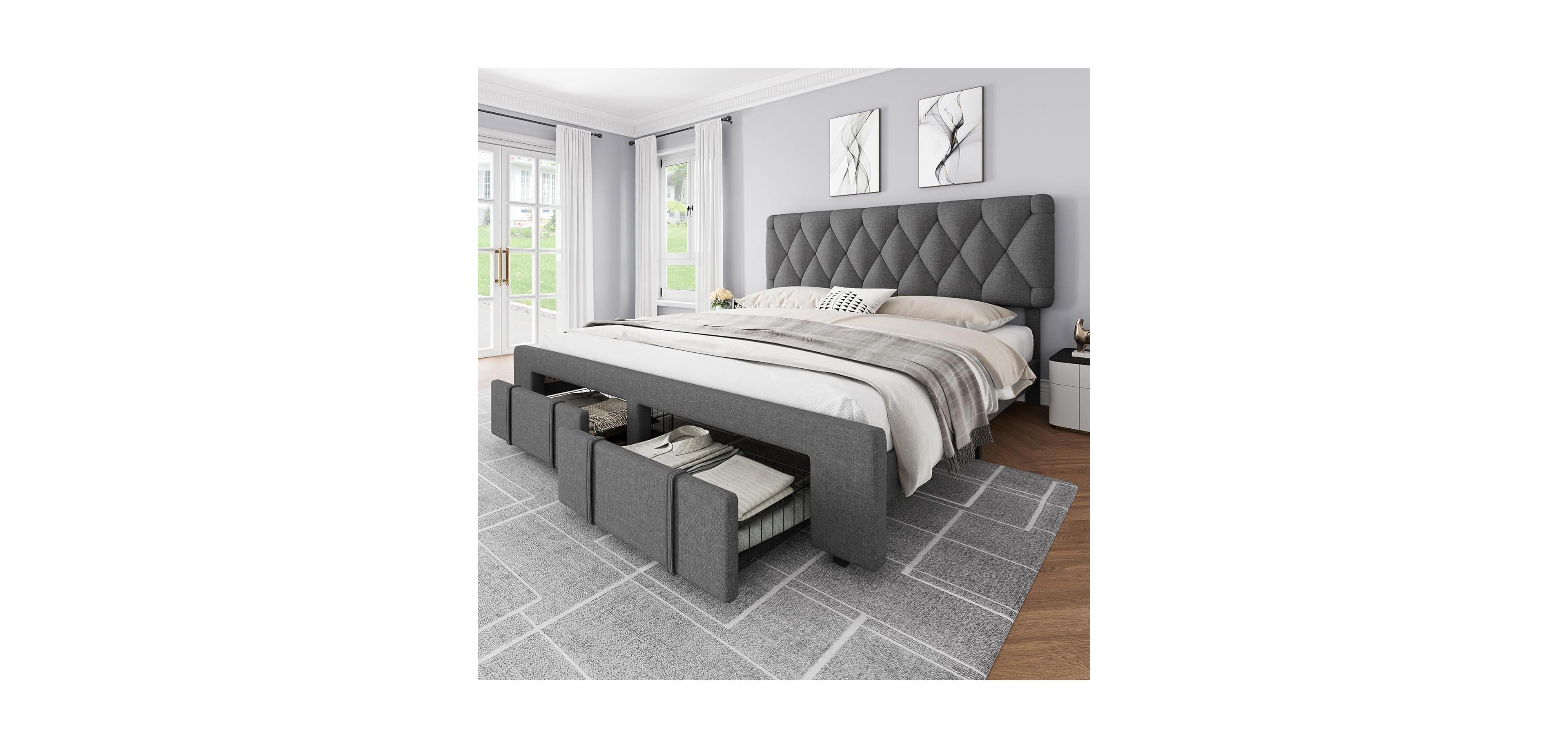 gaomon King Size Upholstered Platform Bed Frame with Storage Drawers and Wooden Slats