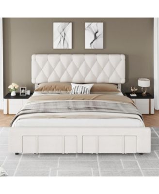Queen Size Upholstered Platform Bed Frame Storage Drawers Wooden Slats No Box Spring Needed Beige