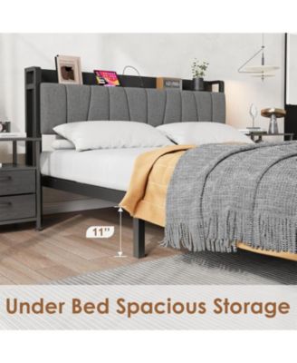 Queen Size Black Platform Bed Frame Metal+PB Board Upholstered Two Mesh Drawers Charging Station Metal Slats No Box Spring