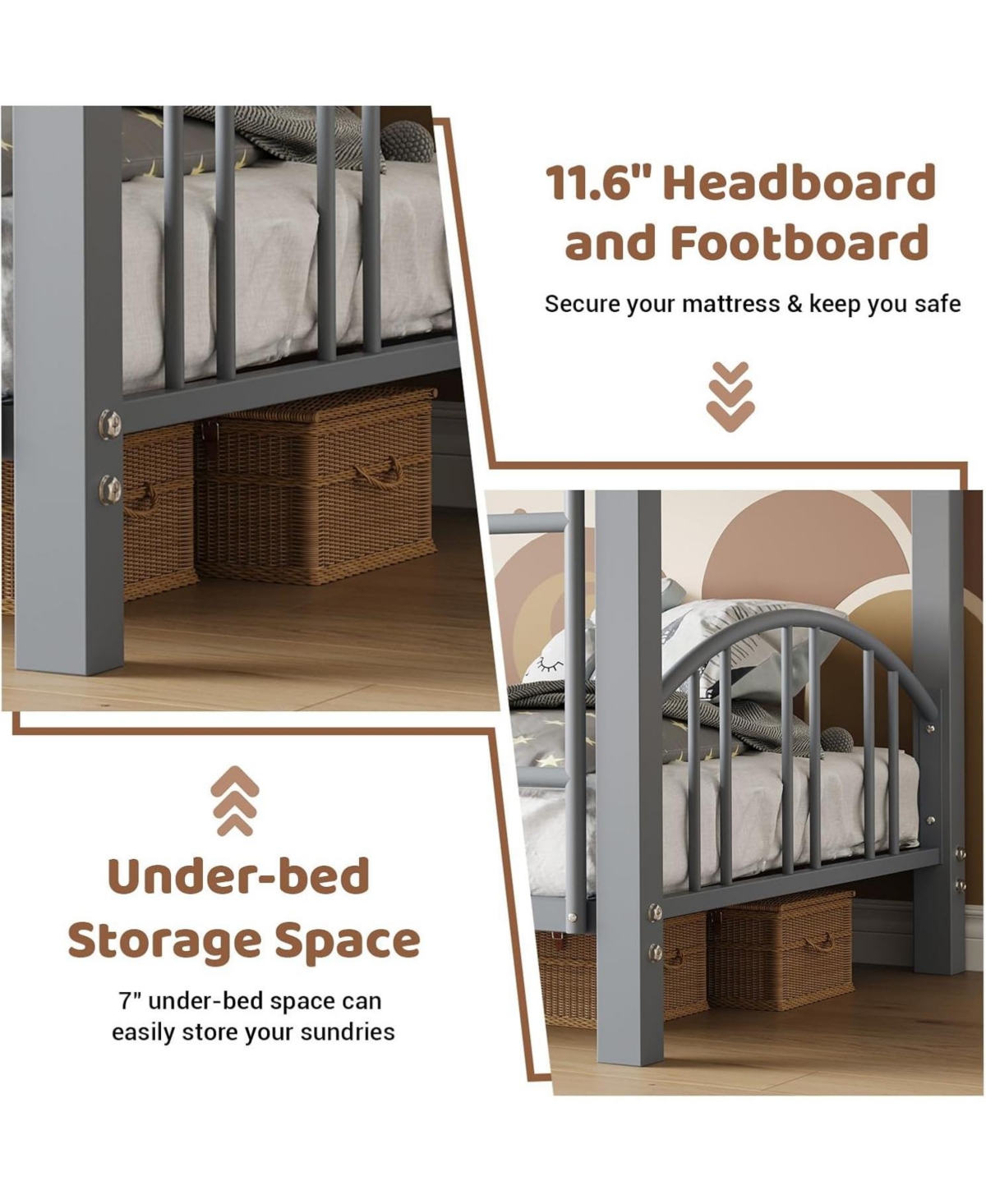gaomon Metal Bunk Bed Twin Over Twin Heavy Duty Bunkbeds Safety Ladder Arched Guardrail Space-Saving No Box Spring