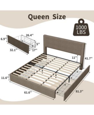 Queen Size Bed Frame Corduroy Tufted Wingback Headboard Platform with 4 Storage Drawers Wood Slats No Box Spring Brown