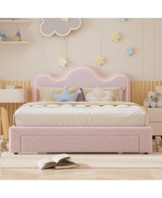 Queen Size Boucle Upholstered Platform Bed Frame Adjustable Headboard Storage Drawers Princess Bed for Girls No Box Spring Pink