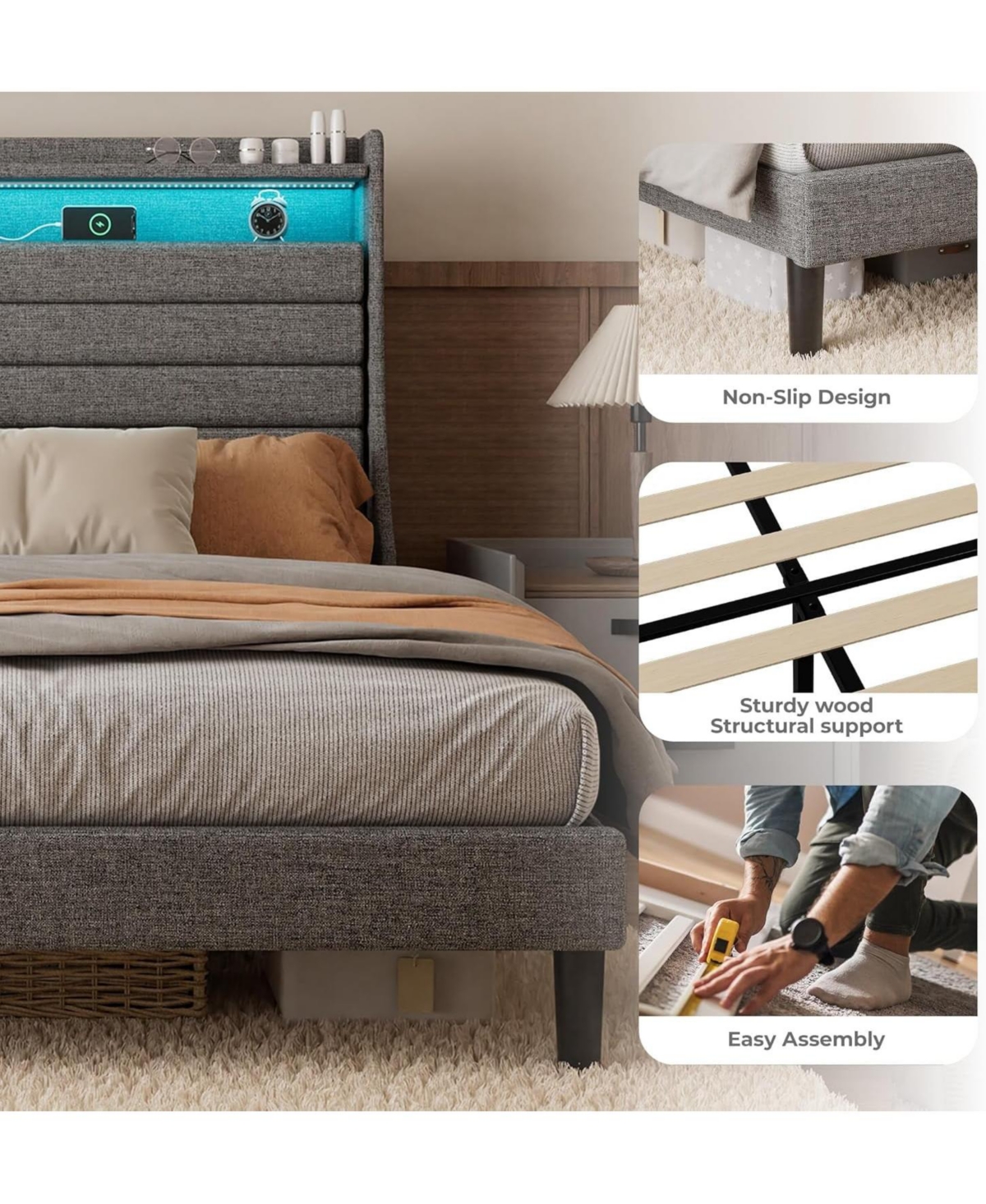 Twin Size Upholstered Platform Bed Frame with Headboard Charging Station Led Lights Wooden Slats No Box Spring Grey