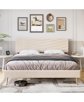 Easy Assembly King Size Bed Frame- Velvet Upholstered Platform Bed Space Saving, for Living Room, Guest Room