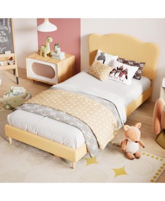 Twin Size Bed Frame for Kids with Scallop Headboard, Cute Velvet Twin Bed for Girls, Boys, Sturdy Platform Bed