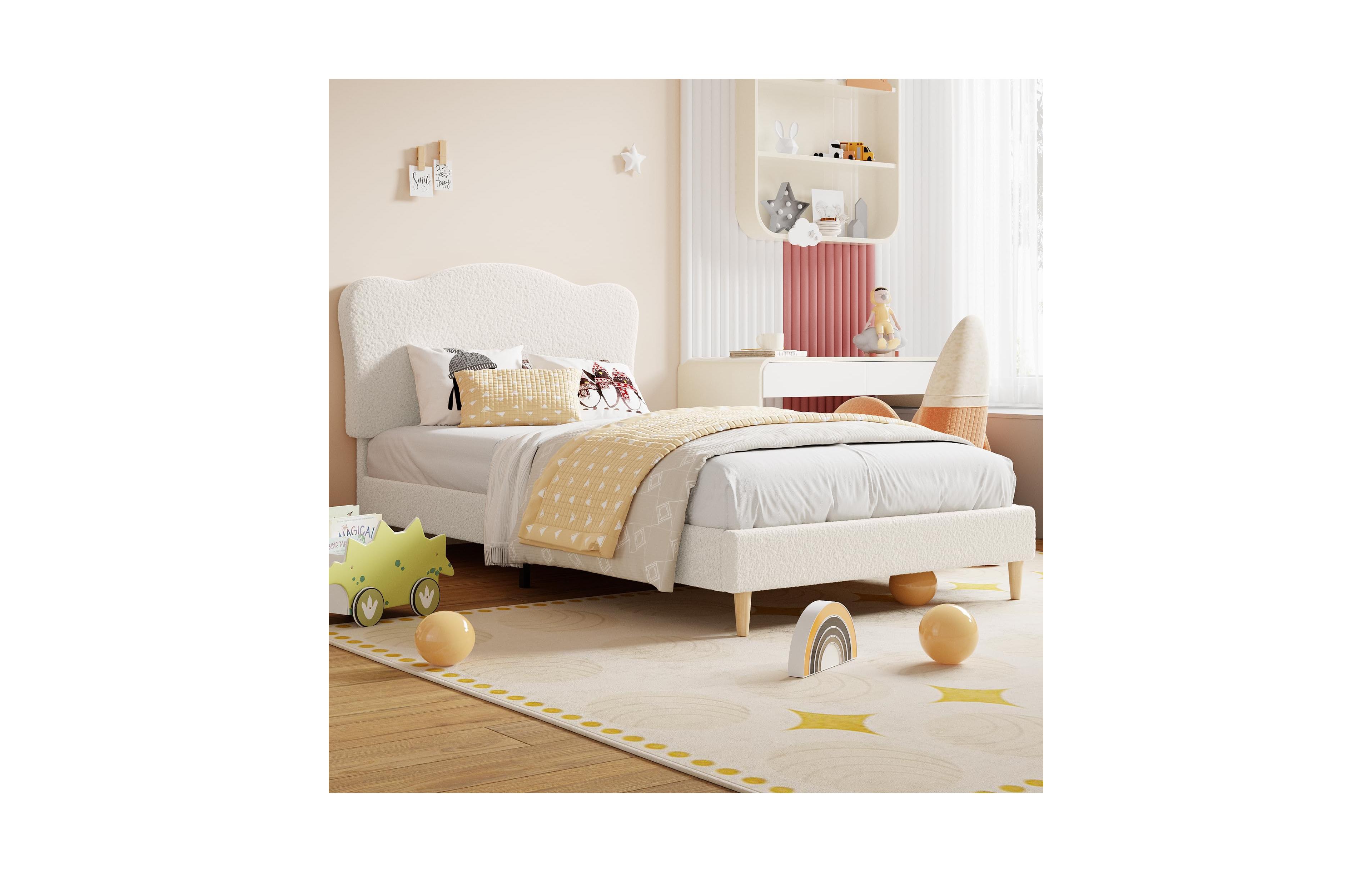 Gaomon Twin Xl Size Bed Frame for Kids with Scallop Headboard, Cute Velvet Twin Xl Bed for Girls, Boys, Sturdy Platform Bed