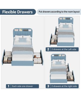 Twin Bed Frame with Storage Headboard, Girls Bed Frame with 2 Drawers