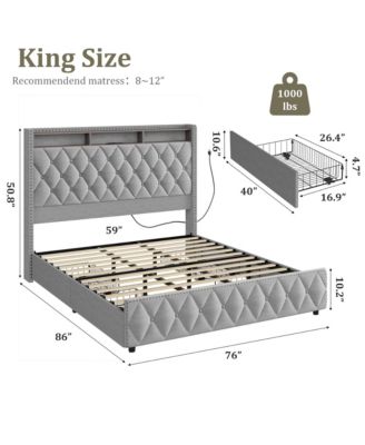 King Bed Frame with 50.8" Tall Headboard, Platform Velvet Upholstered Bed Frame with 4 Storage Drawers