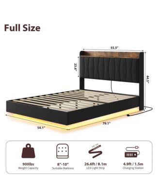 Floating Bed Frame Full with LED Lights & USB Charging Station – Modern Upholstered Platform Bed with Headboard