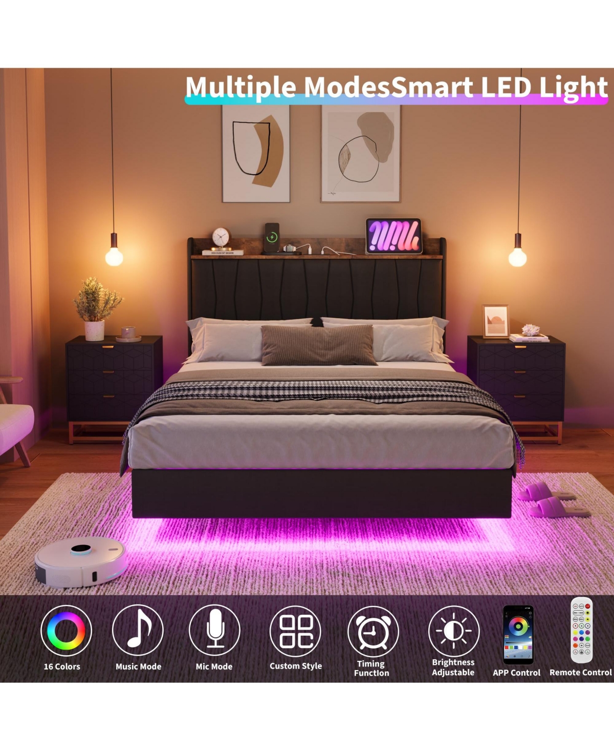 gaomon Floating Bed Frame Queen with Led Lights & Usb Charging Station – Modern Upholstered Platform Bed with Headboard
