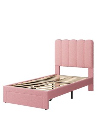Twin Bed Frame with Under-Bed Drawer, Pink Boucle Upholstered Platform Bed with Wave Headboard for Kids/Girls, Wooden Slats Support